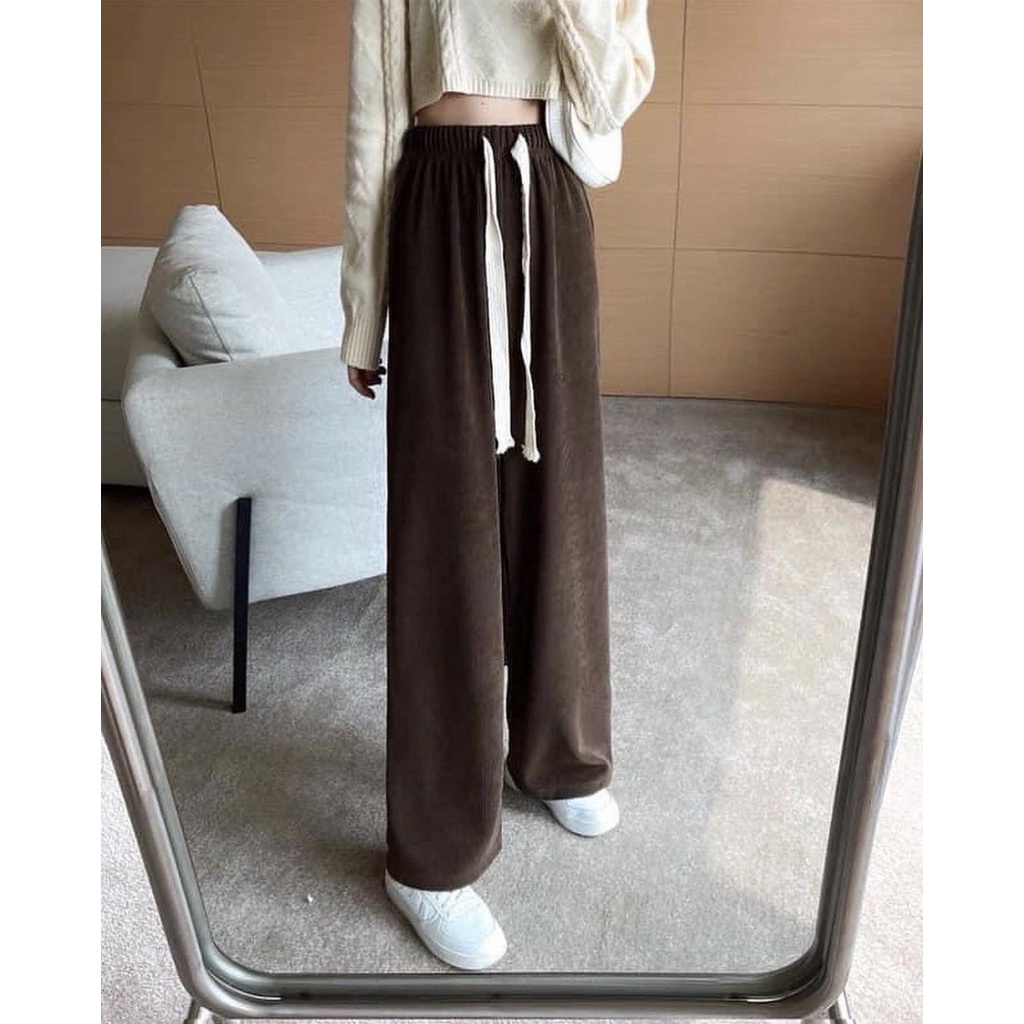Quần Ống Rộng Nhung Gân Ulzzang, lưng cao nhung gân dáng dài ống suông