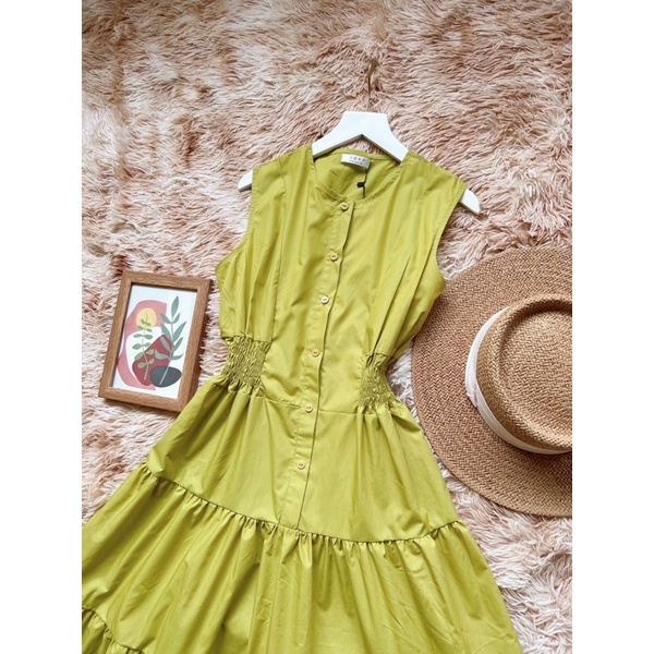 VN829 - VÁY XANH CỐM CHUN EO 3 TẦNG SÁT NÁCH