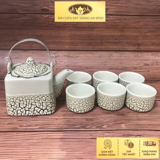 Bộ ấm chén Bát Tràng men rạn màu Trắng dáng Vuông