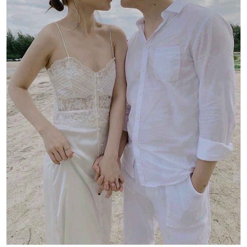 ẢNH THẬT TRẢI SÀN - ĐẦM MIDI TRẮNG 2S VIỀN REN PHỐI NÚT