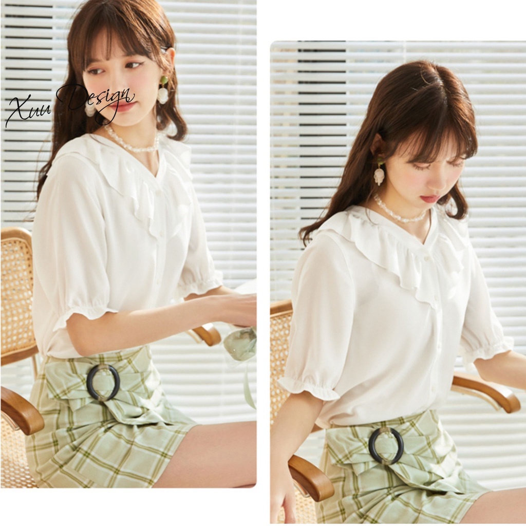Áo sơ mi nữ trắng cổ V XUU, phối bèo cổ nữ tính, chất liệu tơ mềm mát SP43