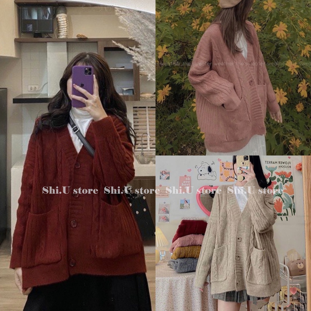 Áo Khoác Len Cardigan Nữ Trơn Vặn Thừng Dài Dáng Rộng Có Túi Dày Dặn Hàng QC