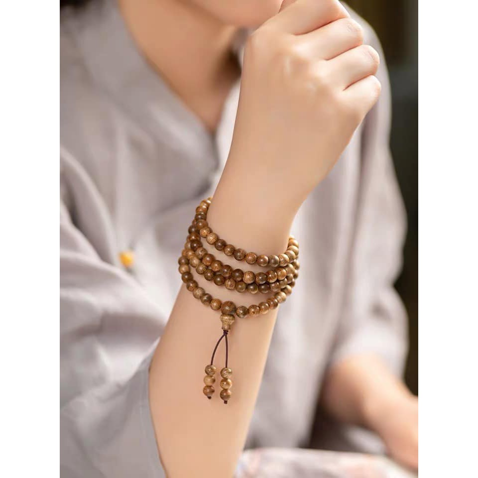Vòng Tay Trầm Hương Chuỗi Tràng 108 Hạt chạy bằng máy công nghệ cao chuẩn từng viên Full Hộp [Trầm Hương Búp Sen]