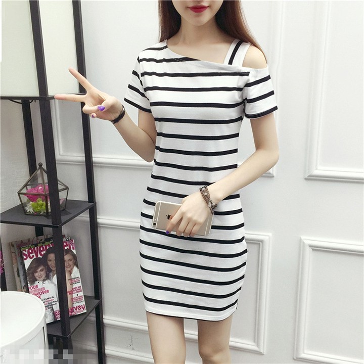 Đầm Liền Lệch Vai Chất Liệu Cotton Siêu Mát Họa Tiết Kẻ Ngang Đơn Giản Nhiều Size Lựa Chọn