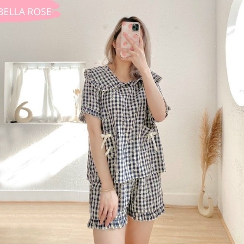 Đồ ngủ caro nữ cute dễ thương cao cấp phong cách tiểu thư Bella Rose bt9 | BigBuy360 - bigbuy360.vn