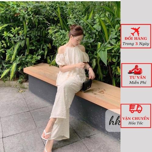 Set áo kiểu trễ vai nữ cổ yếm ren hoa nổi kèm quần suông ống rộng đi biển ulzzang Hàn Quốc