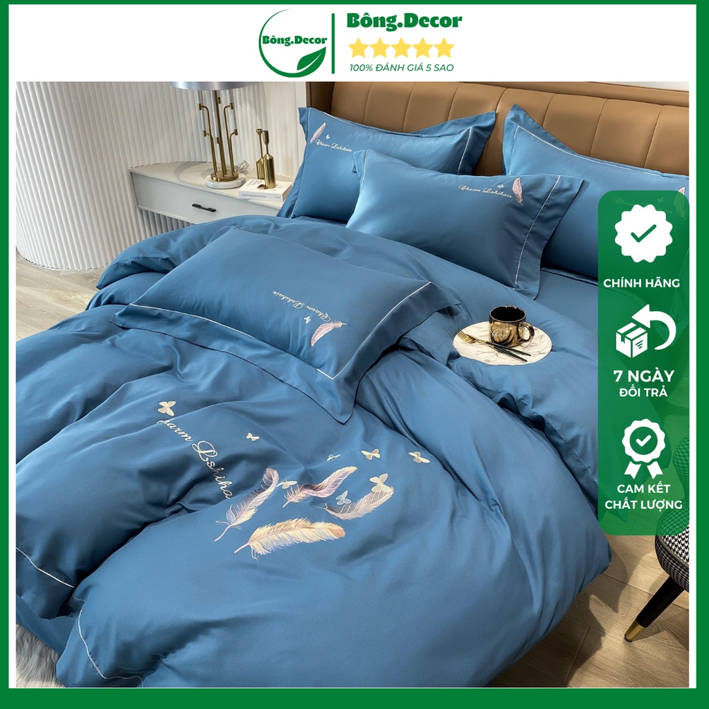 Bộ chăn ga gối Cotton 100% họa tiết thêu lông vũ sang trọng, chất liệu nhập khẩu cao cấp mềm mịn thoáng mát - Bông.Decor