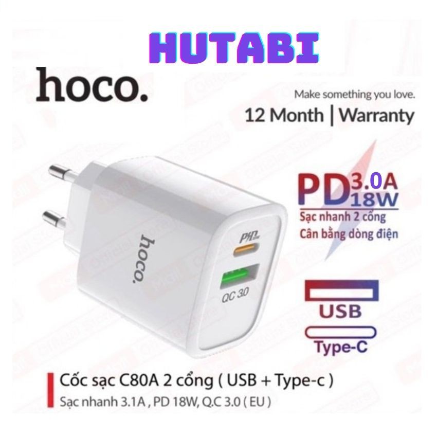 Bộ Cáp Củ Sạc Nhanh Hoco C80A Cao Cấp 20W Kết Hợp 2 Cống USB+Type-C Kèm Cáp C To Lightning. HUNGZADUNG_HUTABI