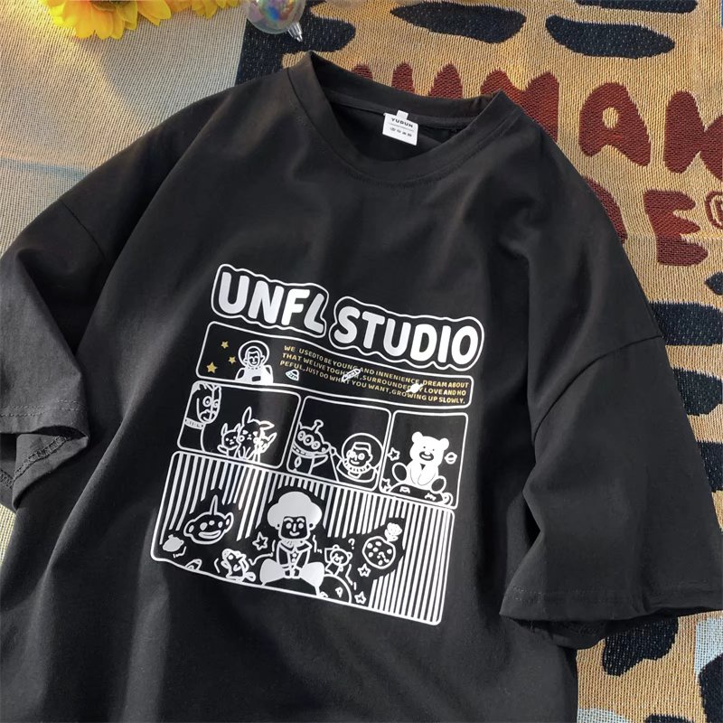 Áo Thun Tay Ngắn In Họa Tiết Hoạt Hình Phong Cách Retro Đường Phố Dành Cho Nam Nữ