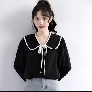 Áo sơ mi cổ bèo viền buộc nơ ulzzang hàn quốc