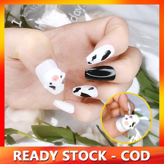 Set 24 móng tay giả họa tiết bò sữa 3D đáng yêu hợp thời trang