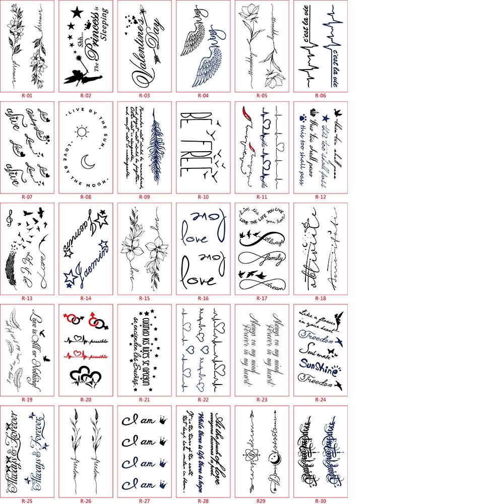 Set 30 Miếng Dán Hình Xăm Tạm Thời Chống Nước Hình Chữ Tiếng Anh Màu Đen Tối