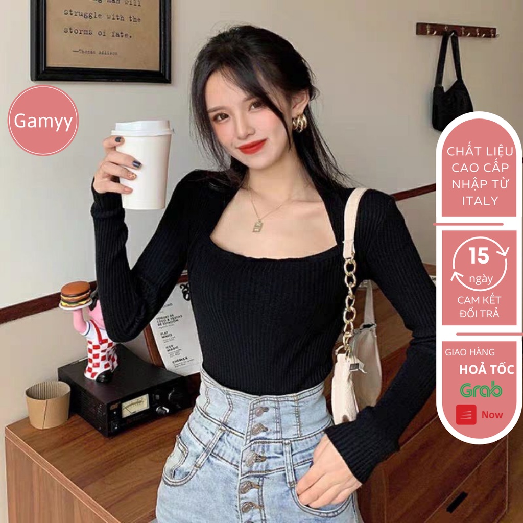 Áo len tăm Gamyy cổ vuông, áo dệt kim tay dài nữ mềm mịn