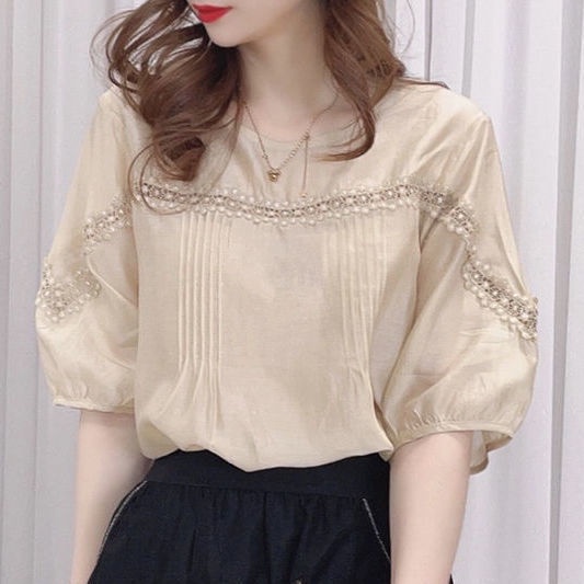 Áo Sơ Mi Cao Cấp Dáng Rộng Phối Ren Phong Cách Retro Hong Kong Dành Cho Nữ