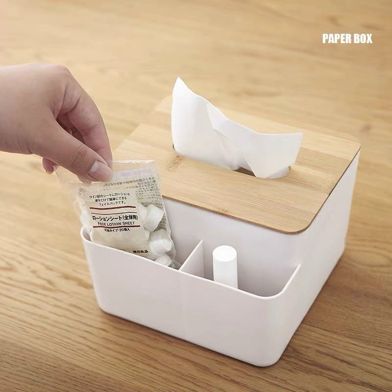 Hộp đựng giấy ăn để bàn có ngăn đựng đồ đa năng, hộp khăn giấy nắp gỗ chất liệu nhựa dày loại 1