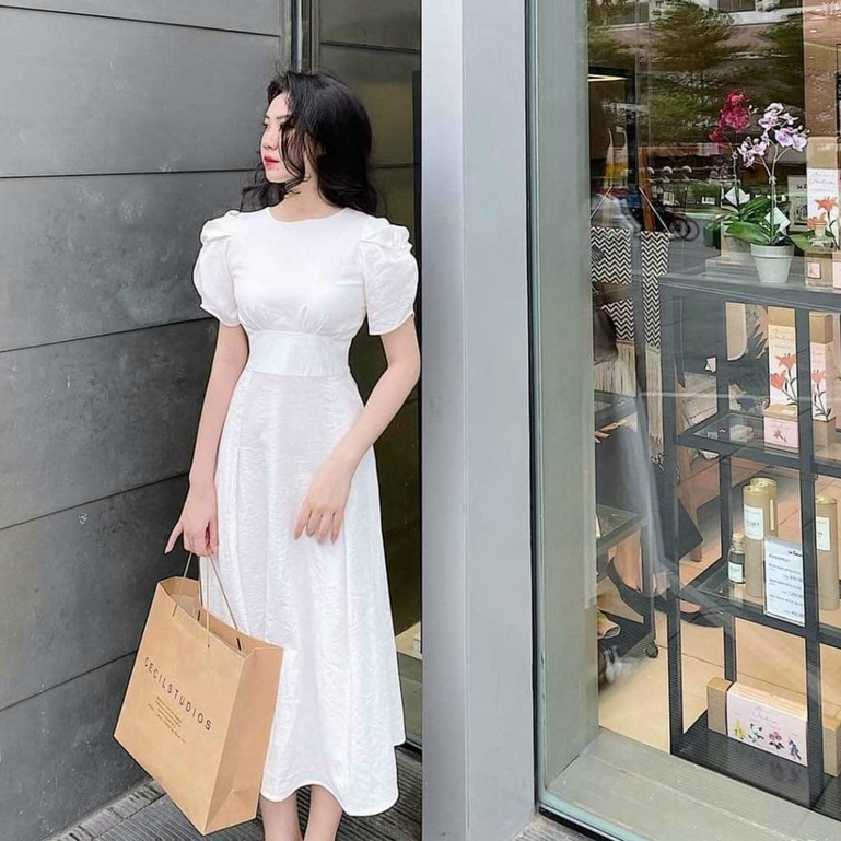 Váy nữ cổ tròn thiết kế tay phồng dáng dài, Đầm thời trang công sở cao cấp dự tiệc sang trọng V123