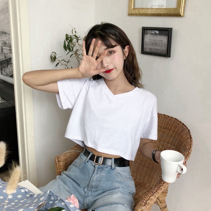 Áo croptop cổ tim / Áo croptop nữ tay lỡ form rộng