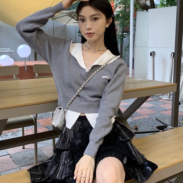 Đầm dệt kim ZHELIHANGFEI giả hai lớp tay dài cổ chữ V lưng cao thời trang trẻ trung