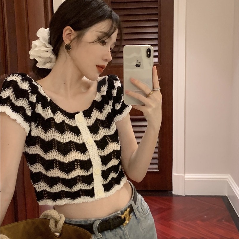 Áo cardigan croptop ZHELIHANGFEI dệt kim tay ngắn họa tiết kẻ sọc thời trang dành cho nữ