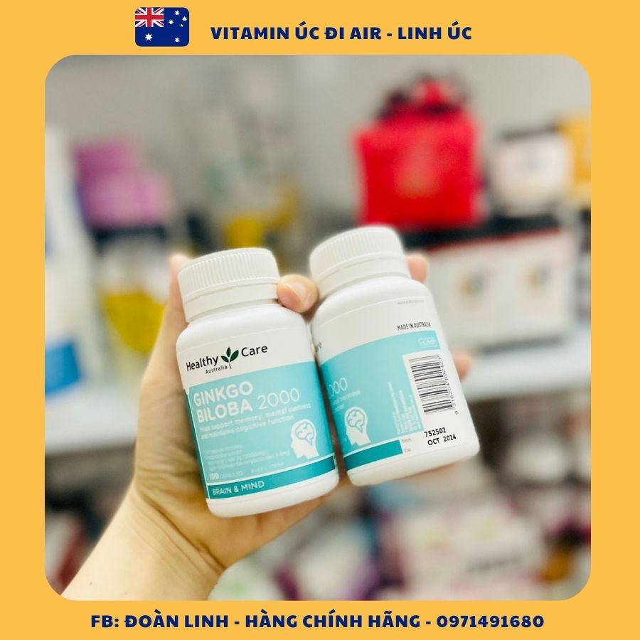 Bổ não Ginkgo biloba 2000mg Healthy Care 100v - Úc, Hàng Chuẩn Úc Đi Air