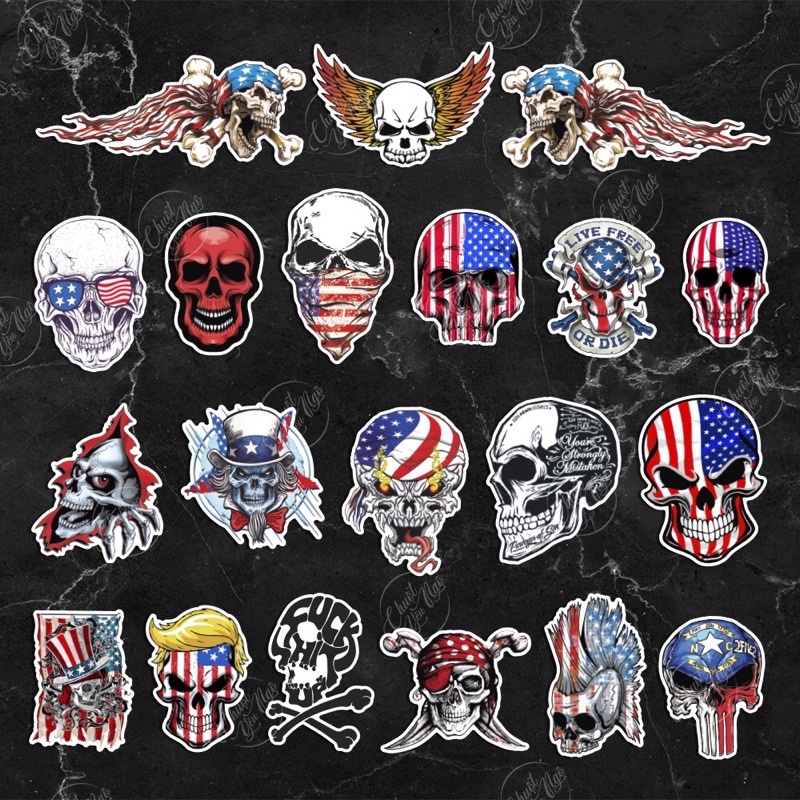 Bộ20 Sticker Đầu lâu Cờ Mỹ skull chống nước dán xe, laptop, điện thoại , đàn guita NT 15