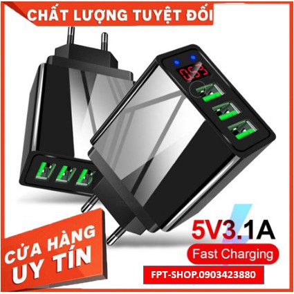 Củ sạc nhanh Quick Charge QC 3.0.Có đèn LED-Tự ngắt-An toàn – 3 Cổng USB dùng cho điện thoại Iphone Samsung Xiaomi Oppo