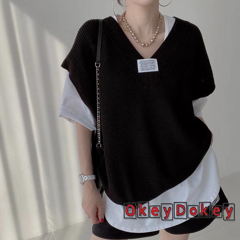 OKDK-Women Knitted Vest Letters Applique Pattern V-neck Cap Sleeve Knitwear