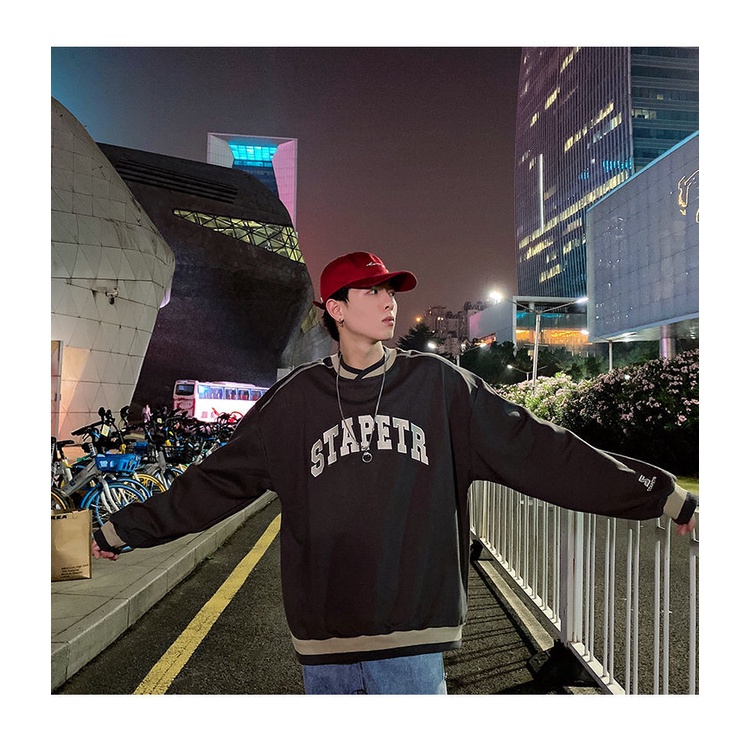 Áo nỉ sweater cổ tròn dáng rộng thêu chữ cá tính cho nam mùa xuân năm 2021