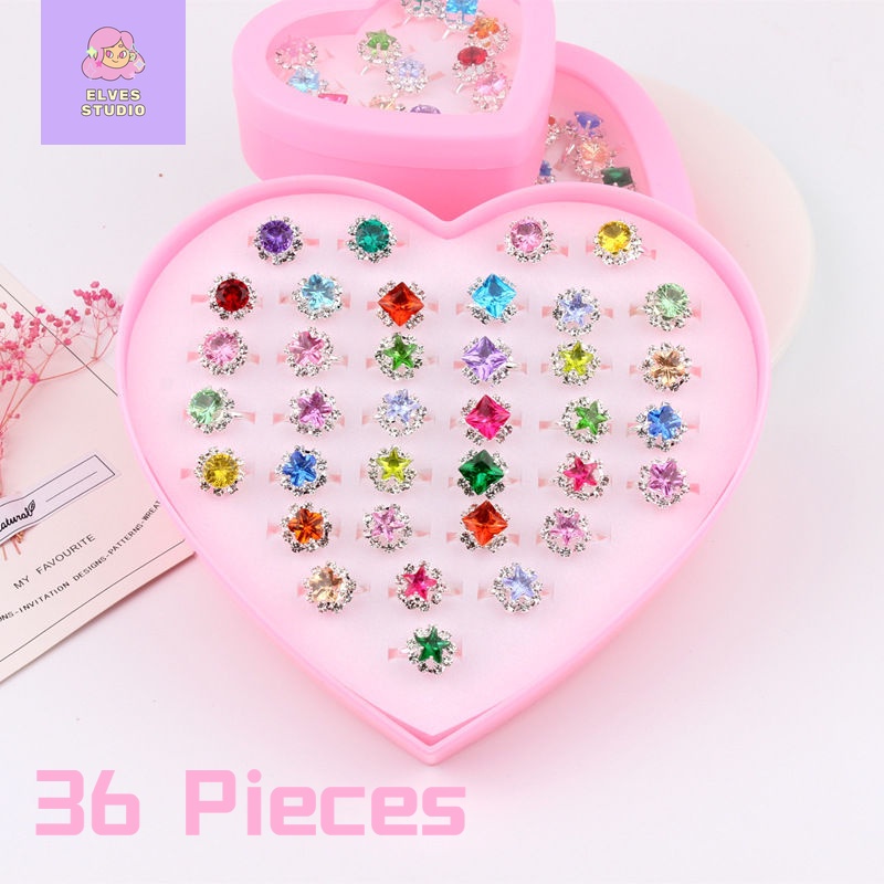 Hộp 36 Nhẫn Đính Đá Nhiều Màu Sắc Dễ Thương Dành Cho Trẻ Em