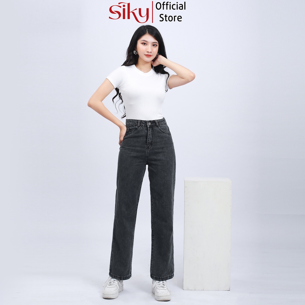 Quần bò ống rộng nữ SIKY cạp cao chất denim dày dặn - QJ33
