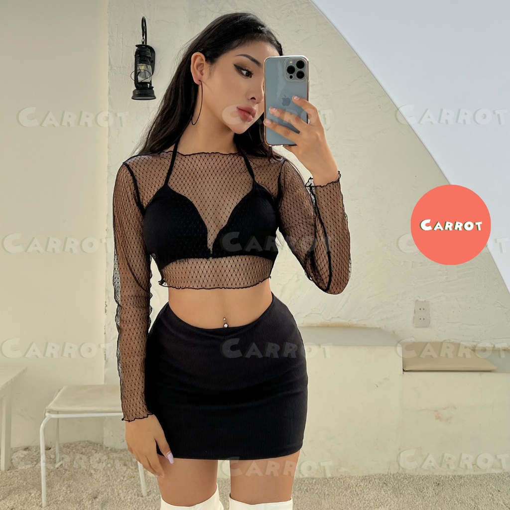 Áo lưới áo mút ngực áo lót đen hai dây chân váy ngắn ôm body sexy đi chơi chụp hình sang chảnh Carrotxinhdep