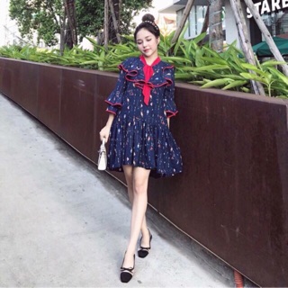 Váy suông hoa xanh nơ cổ size sm