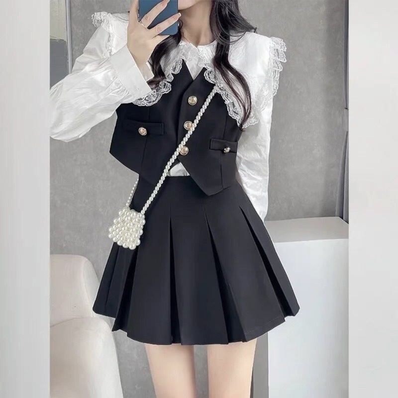Set 3 món gile kết hợp áo sơ mi cổ ren kèm chân váy tenis có quần, hàng đẹp cotton, ảnh thật ở cuối shop chụp