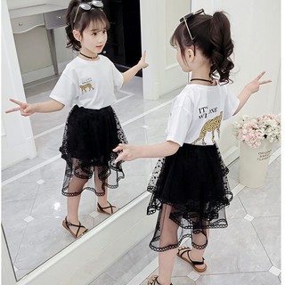 Sét bộ áo phông trắng, chân váy ren đen size 15-32kg BV12