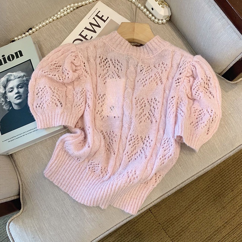 NUZIRO  Áo kiểu  dệt kim tay ngắn phồng trẻ trung thời trang dành cho nữ