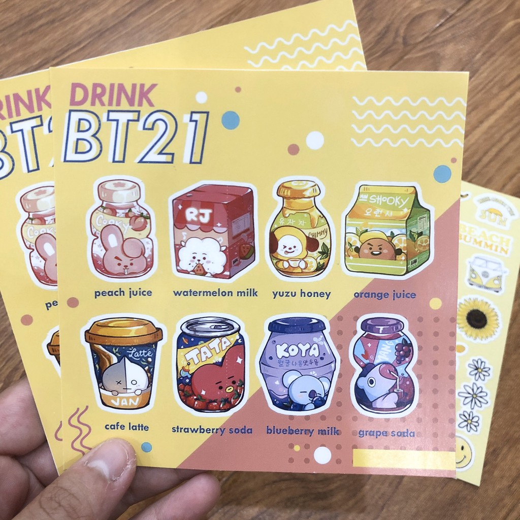 Tấm hình dán - Sticker Drink BT21 trang trí sổ, vở, laptop, điện thoại, đàn..v..v.