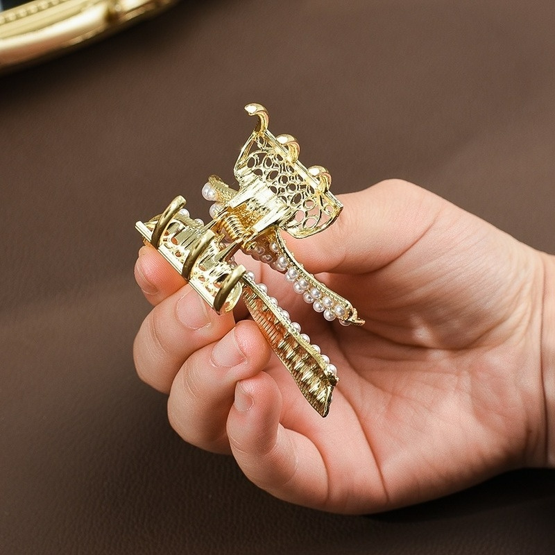 Kẹp Tóc Hình Nơ Bằng Kim Loại Đính Ngọc Trai Giả Thanh Lịch