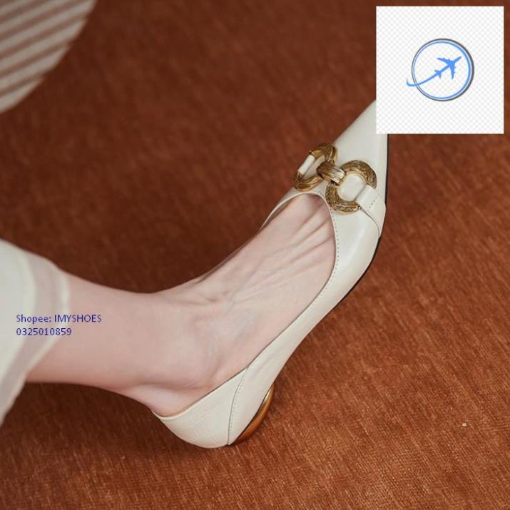 GIÀY NỮ GÓT THẤP DA MỀM MŨI NHỌN HỌA TIẾ MÓC KHÓA CỰC SANG - GIÀY IMYSHOES