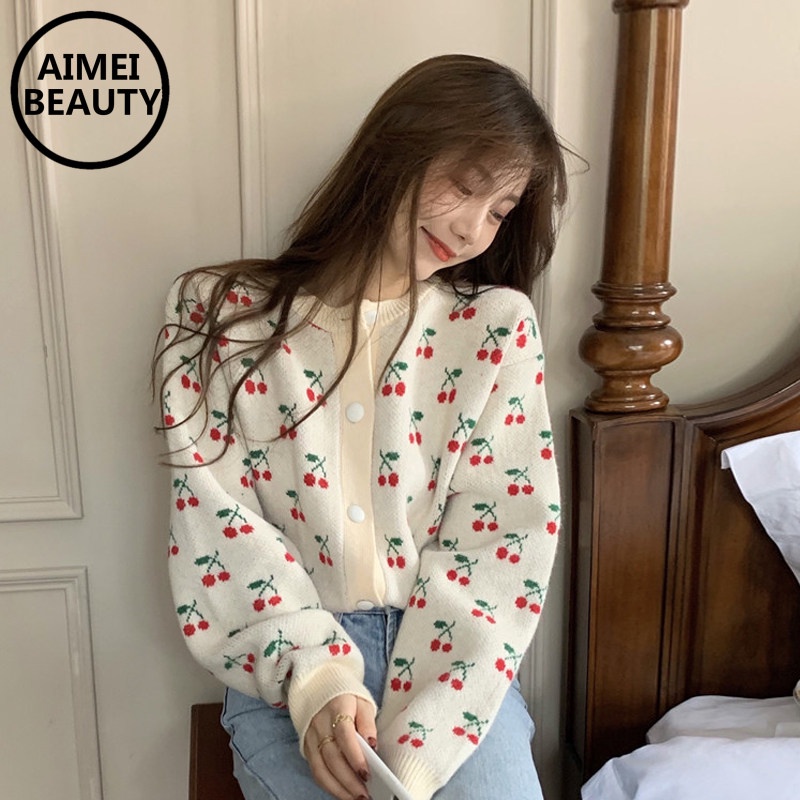 Áo khoác dệt jacquard dáng rộng họa tiết quả anh đào phong cách Nhật Bản dễ phối đồ thời trang xuân thu