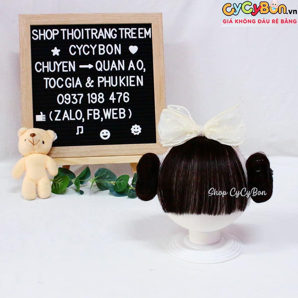 Băng Đô Tóc Giả Cho Bé Gái Thun Ren Nơ Màu Kem Kèm Mái Và 2 Búi