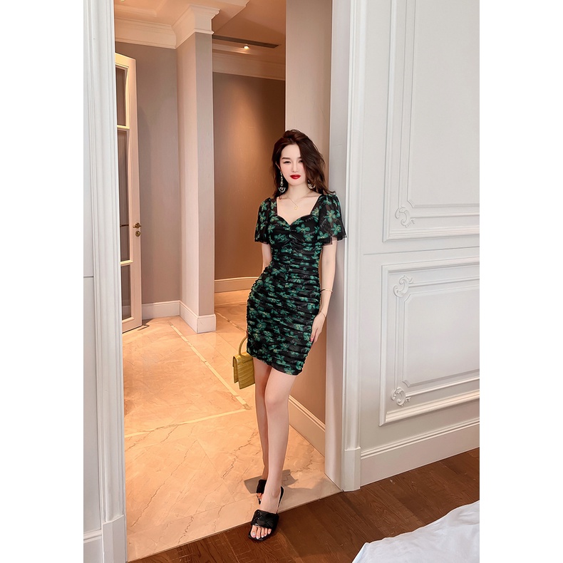 ZYHT  Đầm Hoa Dáng Ôm Màu Xanh Lá Phong Cách Hàn Quốc Thời Trang Đi Biển 10147