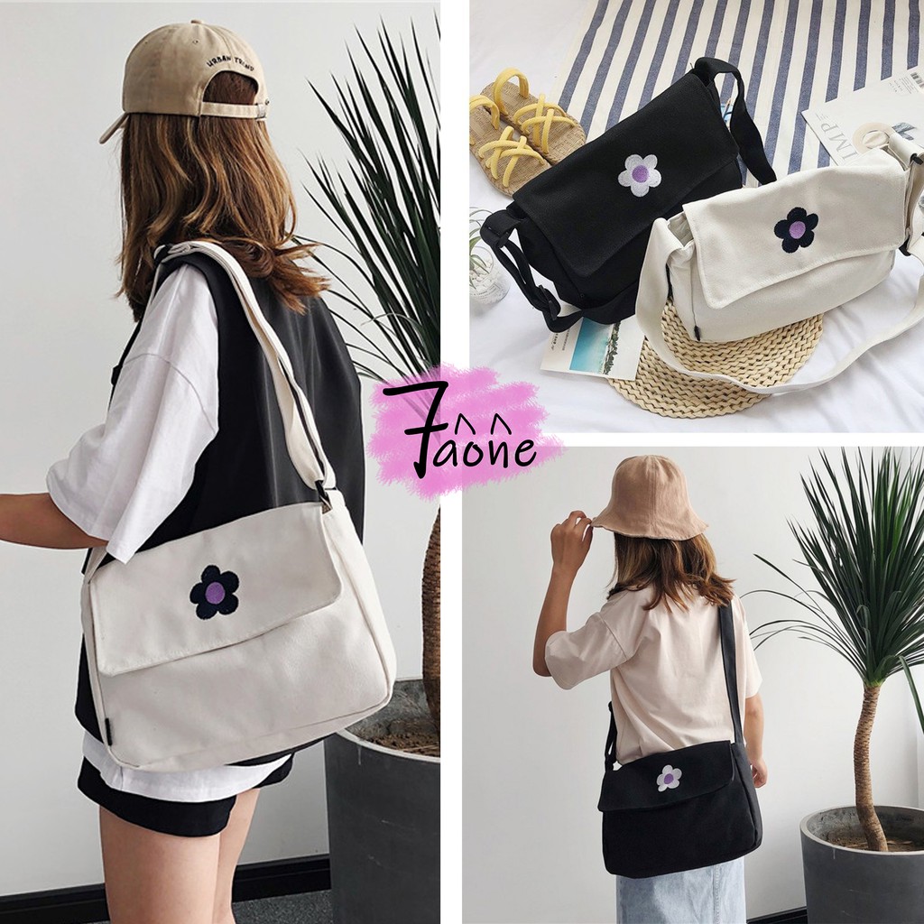 TÚI TOTE BÔNG HOA TÍM ĐEO CHÉO HÌNH IN (CÓ TÚI CON + NÚT NAM CHÂM) VẢI CANVAS UNISEX