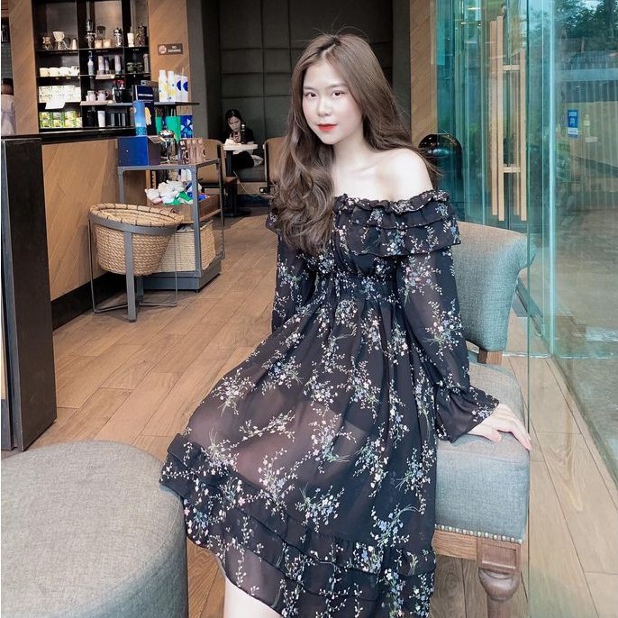 Váy trễ vai hoa nhí ullzzang dài tay 2 lớp - Váy hoa trễ vai ullzzang ảnh thật