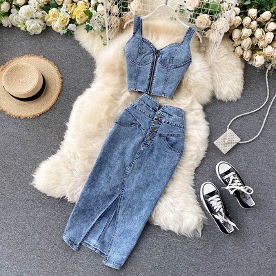 Set váy áo bò sang chảnh chân váy denim cạp cao và áo croptop