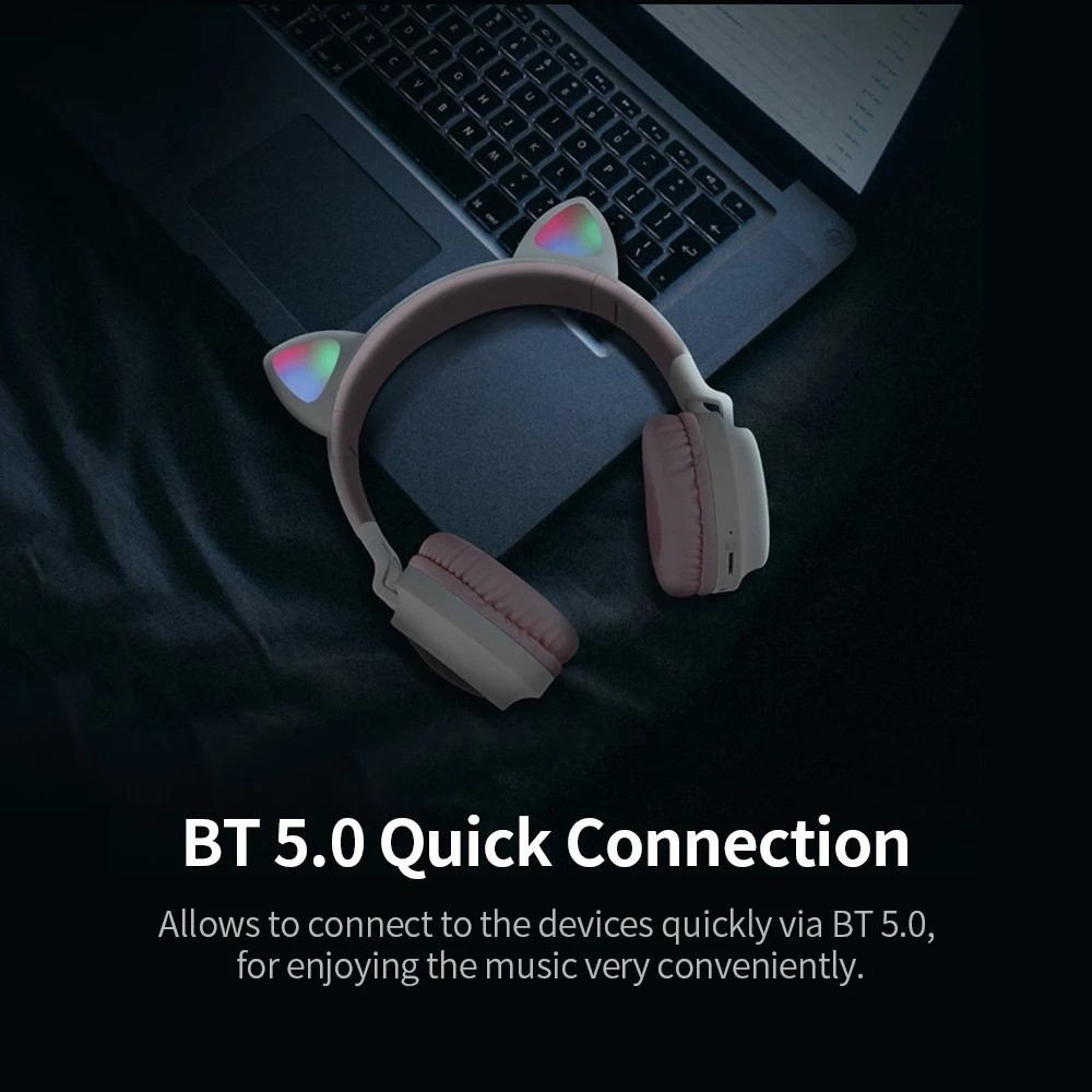 Exclusive® LED Cat Ear Wireless Headset RGB 3-Color Lights Noise Cancelling BT 5.0 Foldable Earphone TF Card/Radio 3.5mm Plug