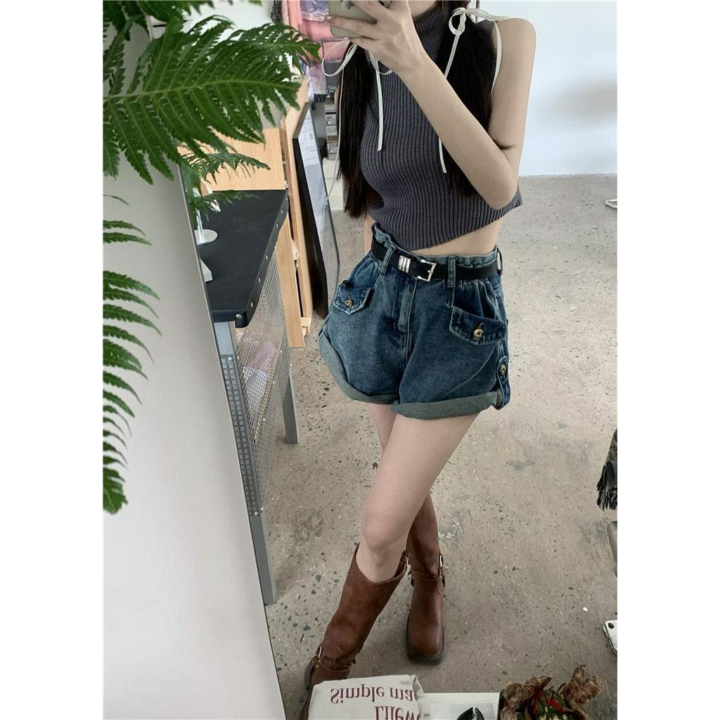 Quần Short Denim Lưng Cao Ống Rộng Dáng Chữ A Phối Thắt Lưng Thời Trang Cá Tính
