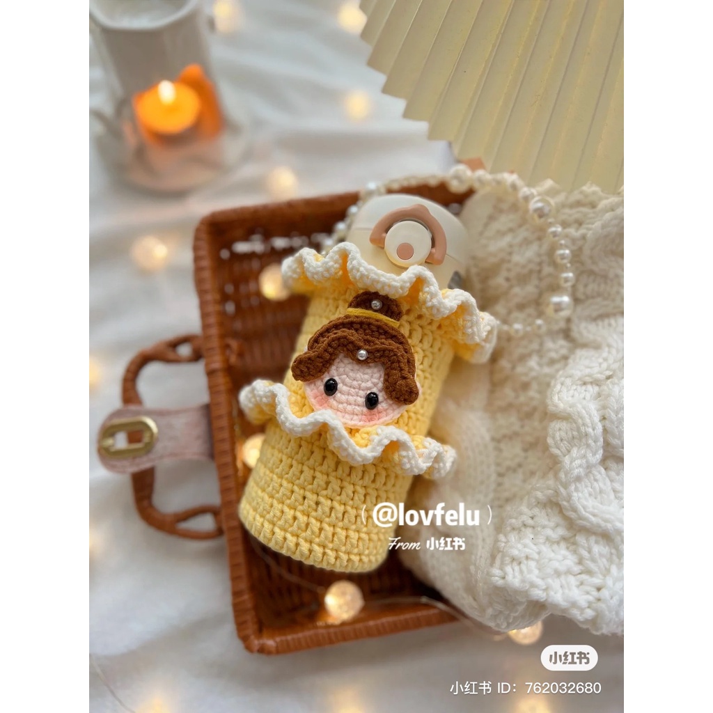 Túi đựng bình nước len, túi xách bình hình Người đẹp và quái vật, túi len handmade CHILLMEOW