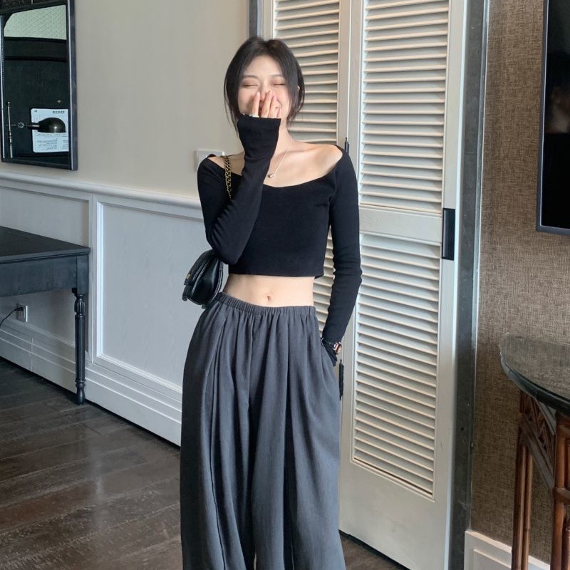 Áo thun COZOKC tay dài trễ vai dáng ngắn thời trang trẻ trung