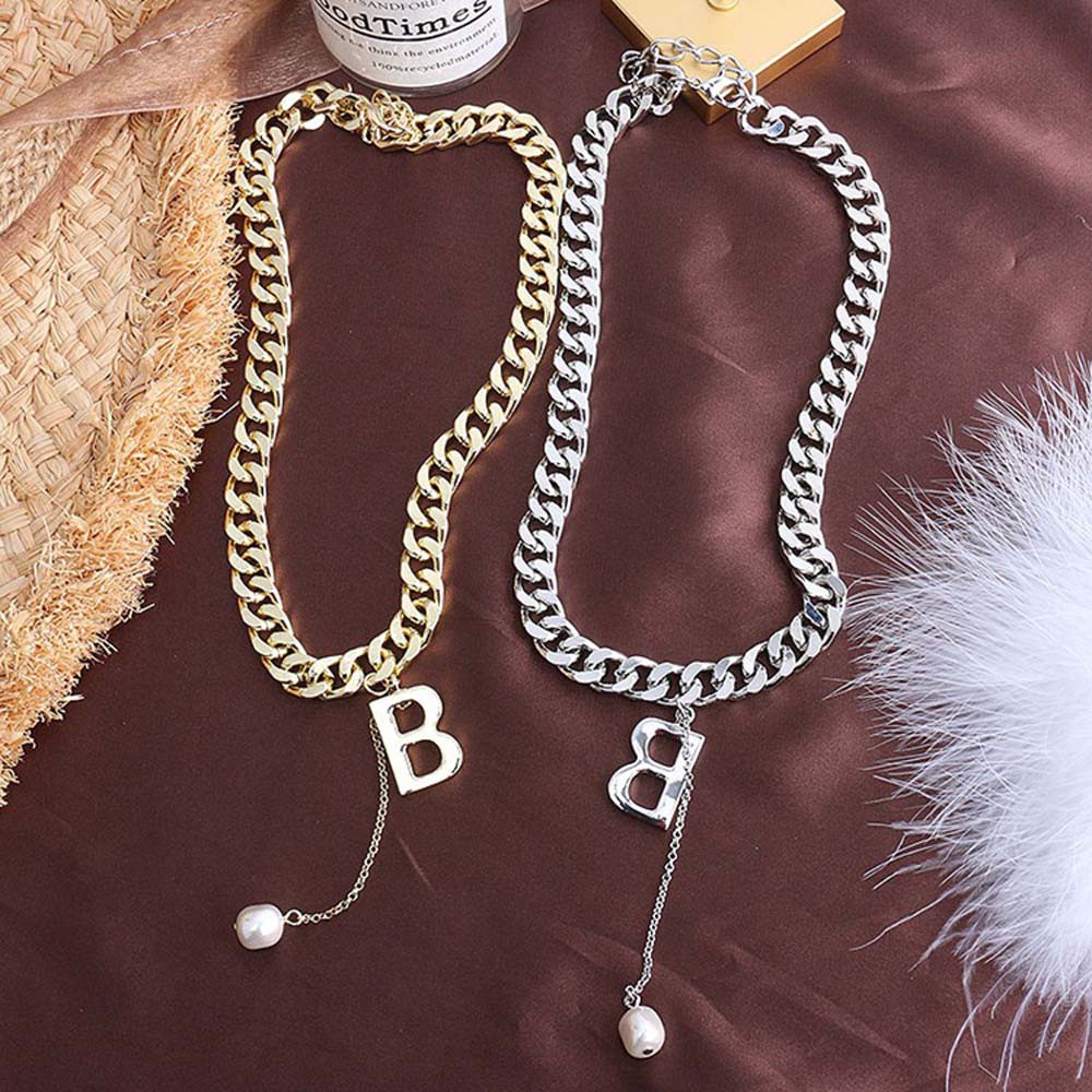vòng cổ Sợi Xích Dày Dặn Đính Hạt Ngọc Trai Và Chữ B Phong Cách Hip Hop Mới