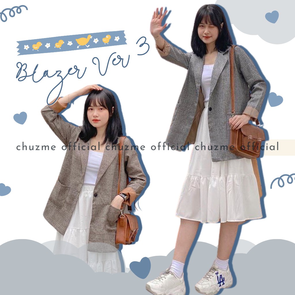 Áo Vest Khoác Ngoài Blazer Ulzzang Nữ, Áo Blazer Dài Tay Vải Dạ 2 Lớp Kẻ
